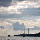 Elbe, sailboat, cloud, lighthouse, coal power station, buoy
