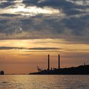 Elbe, sunset, container ship, coal power station