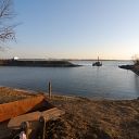 beach, Elbe, ship, log, excavator, pontoon
